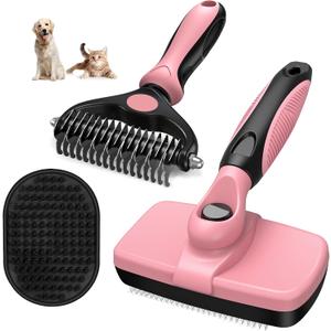 3PCS Self Cleaning Slicker Brush & Pet Grooming Rake & Bath Brush for Dogs, Cats and Horses | Double-Sided Dematting Comb & Skin Friendly Deshedding Grooming Tool | Pet Supplies (Light Pink Black)