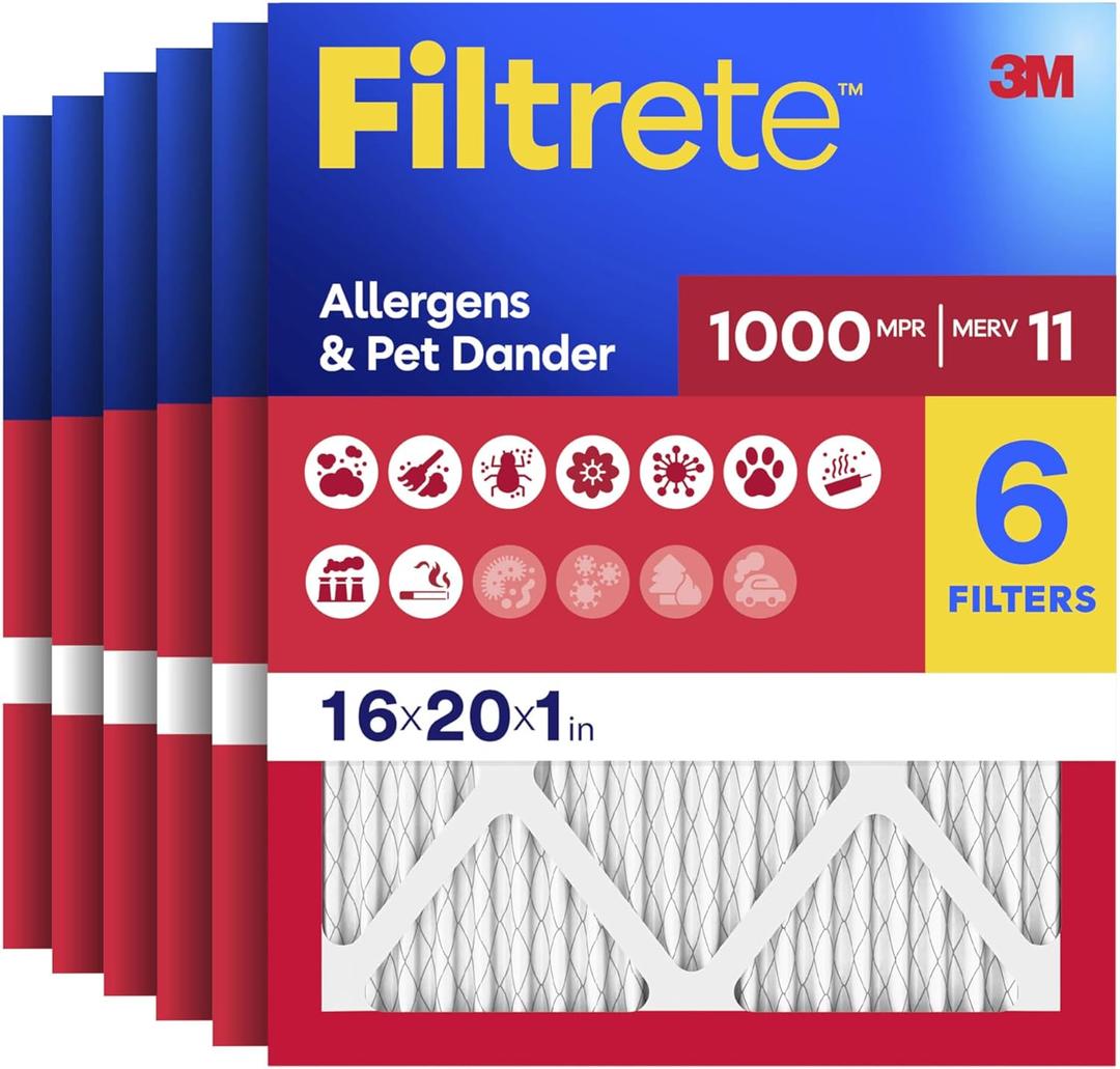 Filtrete 16x20x1 Air Filter, MERV 11, MPR 1000, Allergens & Pet Dander, 3-Month AC and Furnace Filters, Cleaner Air, Reliable Airflow, 6 HVAC Filters (Actual Size 15.68 x 19.68 x 0.81 in)