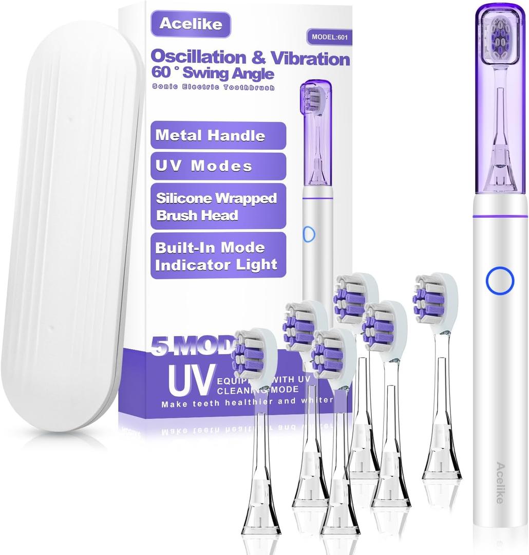 Metal Electric Toothbrush with UV Mode, Vibration and Oscillation Electric Toothbrush for Adults, 6 Brush Heads & Travel Case & Dust Cover, 5 Modes & Built in Timer, One Charge Last 120 DaySliver