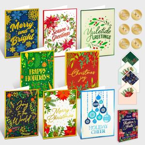 Decorably 40 Pack Foil Embossed 5x7in Assorted Christmas Cards with Envelopes and Stickers, 8 Elegant Designs Bulk Christmas Cards Bulk, with Printed Message Inside