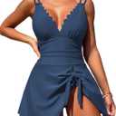 ZAFUL One Piece Swim Dress Swimsuits for Women Scallop Tummy Control Swimdress Tie Knot Swim Skirt Swimwear Bathing Suit (Small, A-deep Blue)