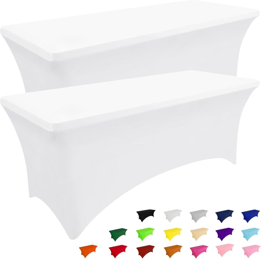 Smiry 2 Pack Spandex Table Cloth 8FT, Elastic Fitted Stretch Tablecloths for Rectangle Tables, Washable Table Cover for Outdoor, Wedding, Banquet & Parties (White, 96Lx30Wx30H Inch) (8 Feet - 2 Pack)