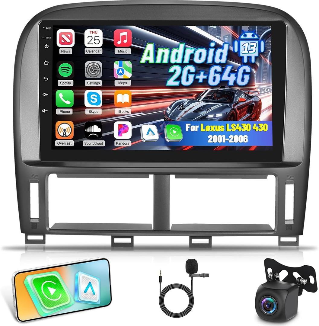 EKAT for Lexus LS430 2001 2002 2003 2004 2005 2006 Android Car Stereo [2+64G] - Wireless Carplay & Android Auto - 9 Inch Touchscreen Radio with EQ DSP, WiFi, GPS, Split Screen + AHD Backup Camera