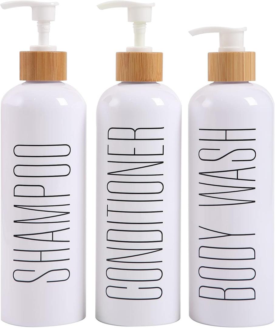 HOMCDALY Shampoo and Conditioner Dispenser, 16oz 3-Pack Refillable Shampoo and Conditioner Bottles, Empty Shampoo Bottles Refillable with Bamboo Pump, Bathroom Shower Shampoo Dispenser Set