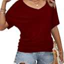 Hilinker Womens Short Batwing Sleeve T Shirt Oversized Casual Tee Burgundy, Medium