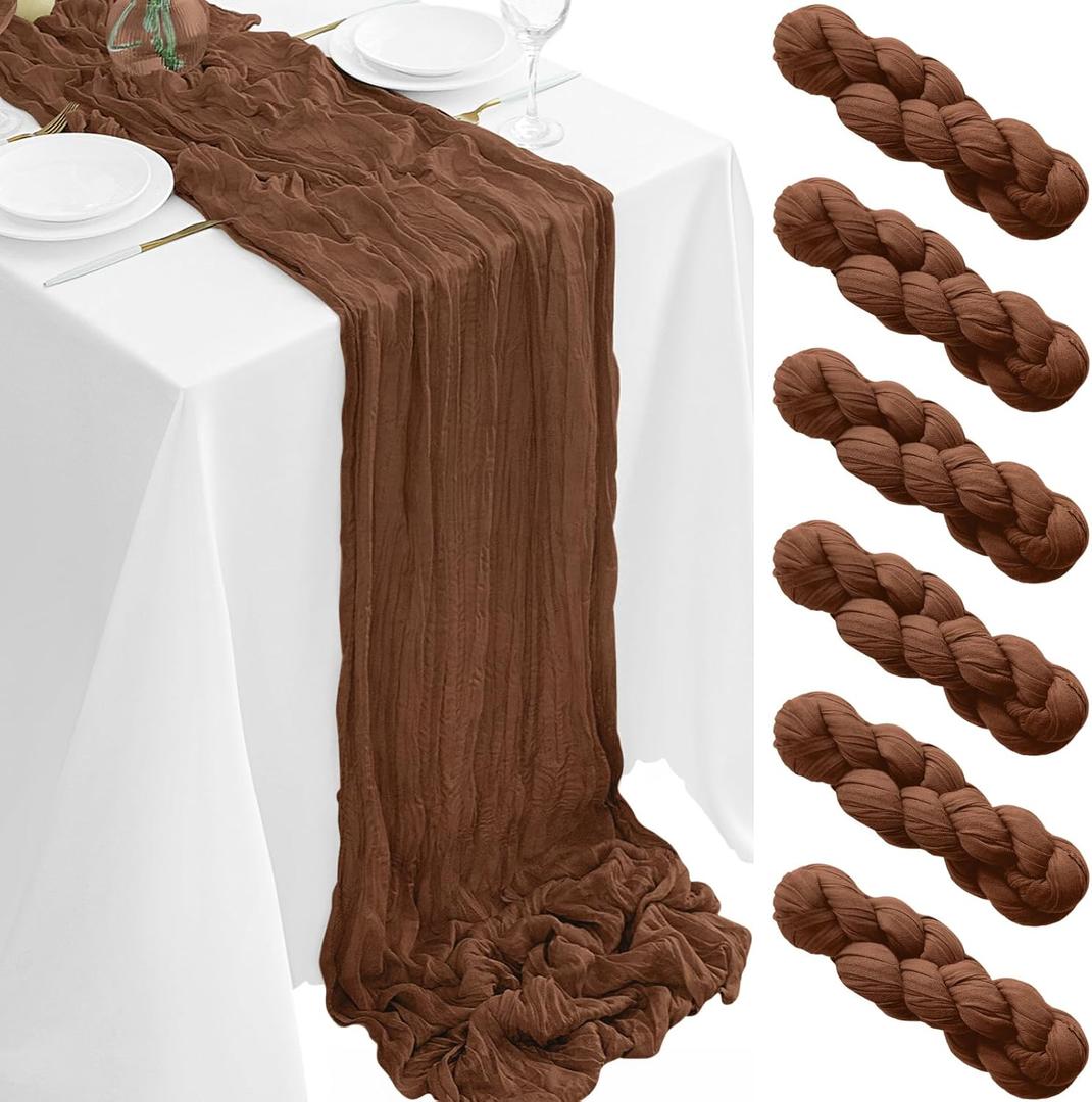 6Pack Brown Table Runner 35 x 120 inch Cheesecloth Table Runner 10FT Boho Table Runners Rustic Gauze Cheese Cloth Table Runners for Party Wedding Birthday Dining Bridal Shower Baby Shower Decor
