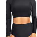 Pinup Fashion Long Sleeve Rash Guard - 2 Piece Swimsuit Bathing Suits with Bottom Swim Top UV UPF 50+ (X-Small, Black)