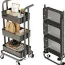 DTK Mini 3 Tier Foldable Rolling Cart, Metal Utility Cart with Lockable Wheels, Folding Storage Trolley for Living Room, Kitchen, Bathroom, Bedroom and Office, Black-Small