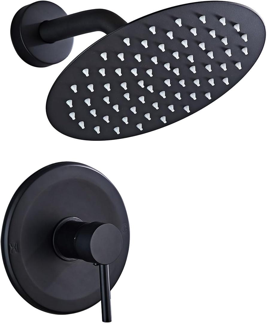 SaniteModar Black Shower Head System 8 Inch Round Rainfall Shower Head with Handheld Shower Vaval and Trim Kit Wall Mounted Shower Faucet Set, Matte Black Shower Head