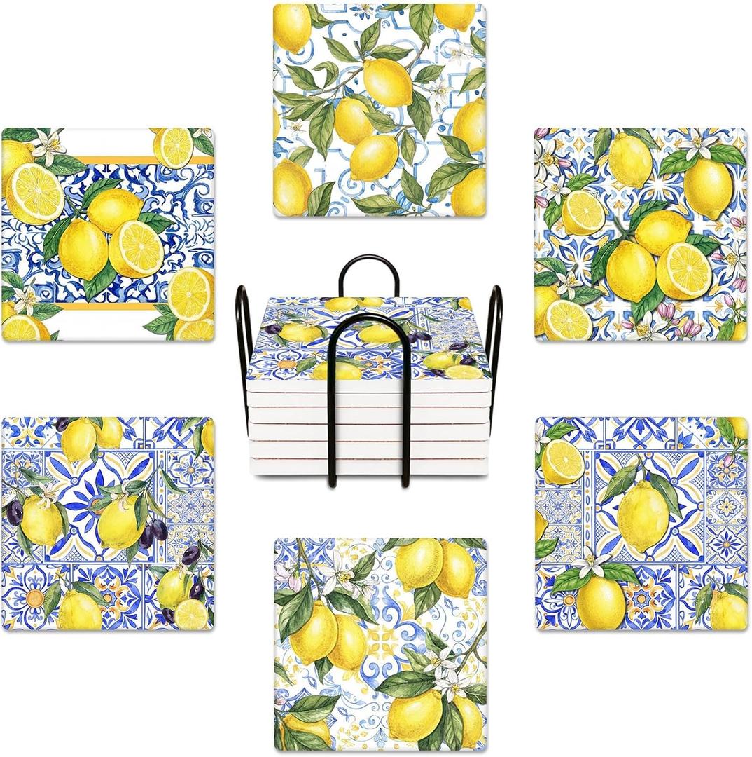 Coasters for Drinks Set of 6, Yellow Lemon Fruit Blue Ceramic Tiles Pattern Absorbent Square Ceramic Stone Mat, with Cork Base and Metal Holder, Gift for Housewarming Room Bar Decor