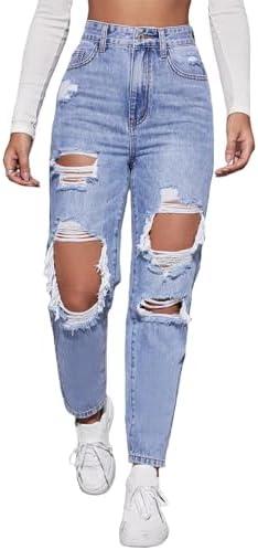 Floerns Women's Ripped High Waist Boyfriend Jeans Distressed Stretchy Denim Pants, Size: XXL