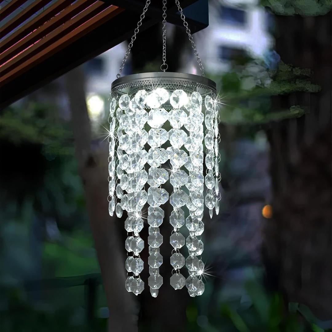 Hanging Solar Crystal Chandelier Outdoor, 21 Modern Solar Transparent Acrylic Beaded Lantern with Cool White LED S Hooks for Garden Yard Patio Gazebo Outside Decor