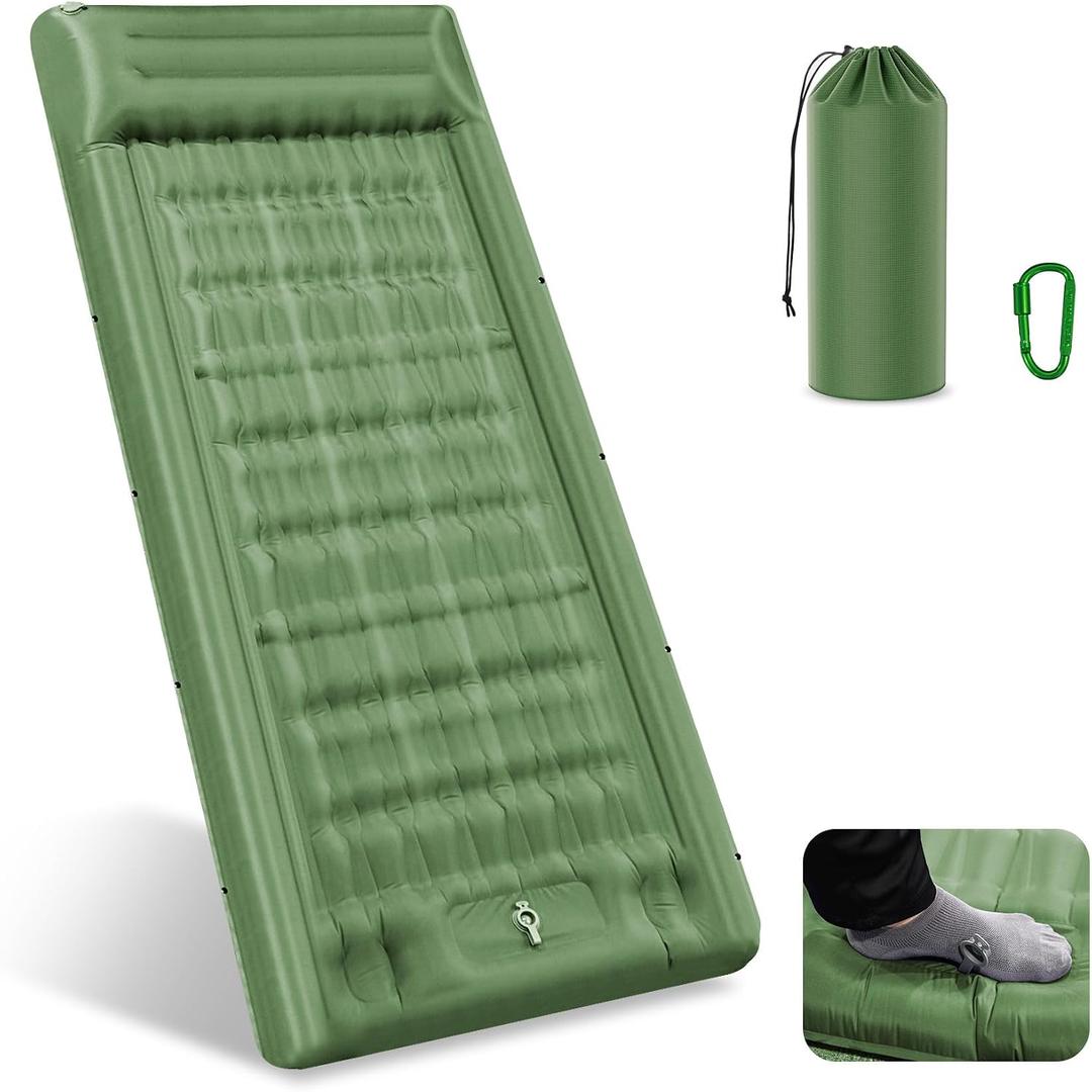 32.68" Extra Wide Sleeping Pad for Camping, Camping Mattress with Pillow, Inflatable Sleeping Pads with Built-in Foot Pump, 5.11" Thickened Sleeping Mat for Backpacking Hiking Tent (Army Green)