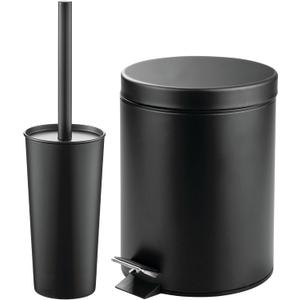 mDesign Metal Steel/Plastic Toilet Bowl Brush/Holder and Round 1.3 Gallon/5L Step Trash Can Combo Set for Bathroom; Holds Trash, Recycling, Deep Cleaning, Mirri Collection, Black