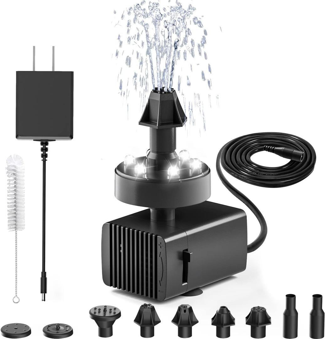 24-Hours Working Bird Bath Fountains Plug-in, Jutai Adjustable DC 12V Water Fountain Pump with LED Light for Birdbath, Garden, Small Fish Tank, Pond,16.4Ft Power Cord, Adapter Included(White)