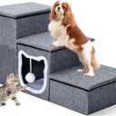 Dog Stairs for Small Dogs 16'' H, Foldable Pet Steps for High Bed, Non-Slip 3-Step Cat Stairs with Storage, Condo and Fluffy Ball, Small Dog Indoor Ramp for Couch Window
