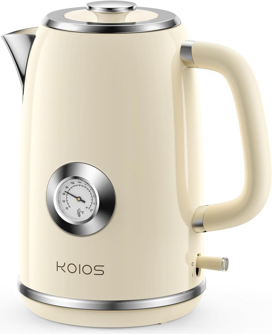 Electric Kettle 1.8L with Temperature Gauge, 1500W Fast Boiling Electric Tea Kettle, 100% Stainless Steel Retro-Style Hot Water Kettle Electric - Glowing LED Light, Auto Shut-Off & Boil-Dry Protection (Beige)