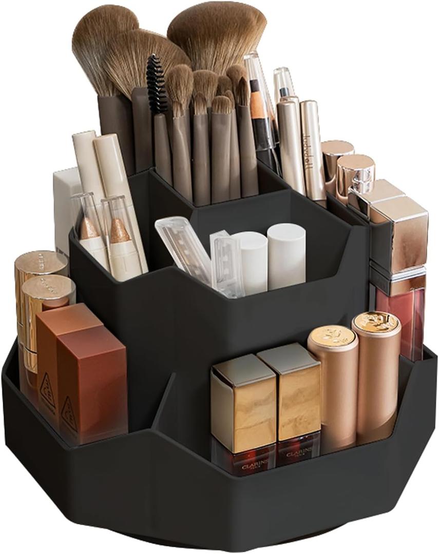 360 Rotating Black Makeup Brush Holder Organizer with 9 Slots, Makeup Organizers Countertop, Makeup organization and Skincare Storage for Vanity, Desktop, Bathroom (Black)