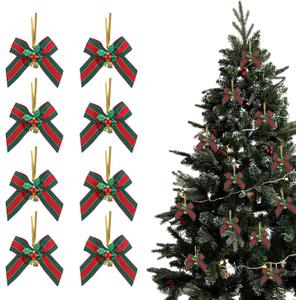 12 Christmas Tree Bows Decoration Red Green Striped Bowknot with Bell Xmas Bow Hanging Ornament for Christmas Holiday Party Home Outdoor Indoor Decoration Supplies