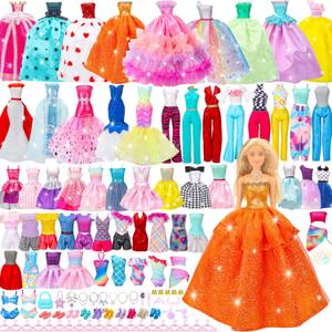 90 Pcs Doll Clothes and Accessories,2 Wedding Gowns 2 Evening Dresses 6 Fashion Dresses 4 Set Casual Outfit Top and Pant 2 Swimsuit,20 Hanger 10 Shoe 41 Accessories Toys for Girls Kid Gift