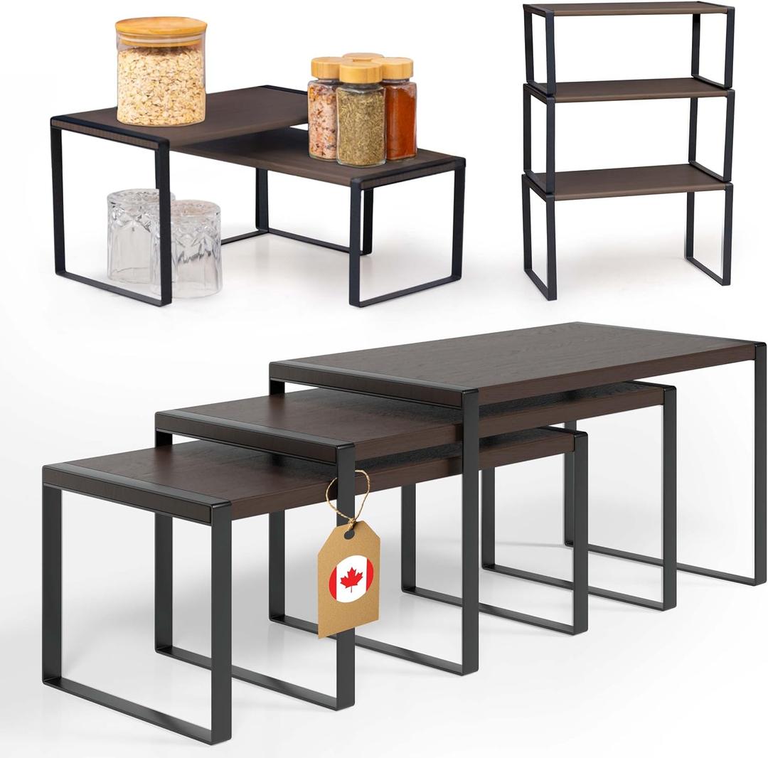 Ibyx Premium Kitchen Cabinet Organizer Shelf - Set of 3 Kitchen Counter Shelves - Stackable Shelf Racks for Cabinets - Metal Frame & Engineered Wood (Brown Wood, Black Frame)
