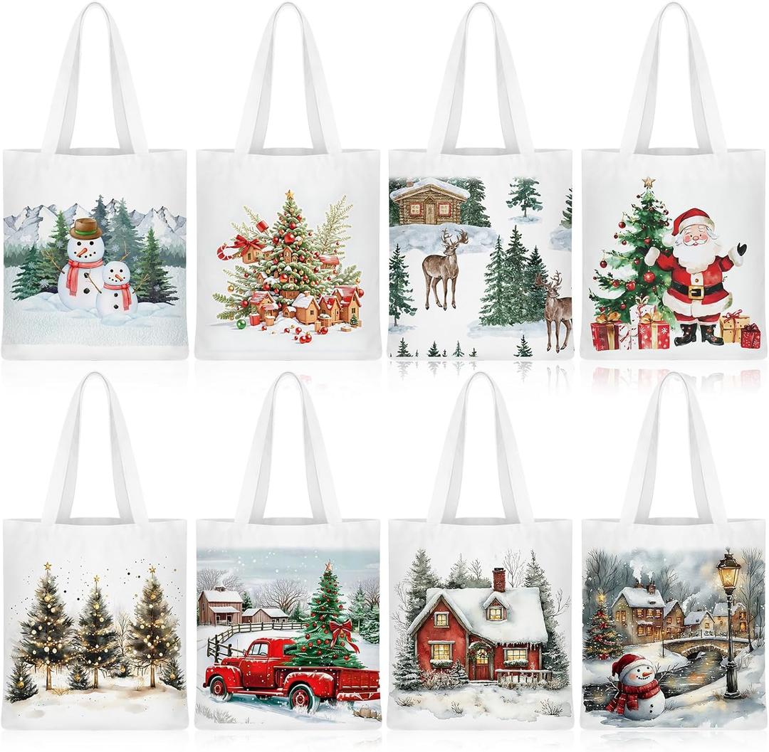 Frienda 8 Pcs Christmas Canvas Tote Bags Reusable Xmas Gift Bags with Handle Vintage Watercolor Cute Aesthetic Gift Santa Claus Truck Snowman Pattern for Women Grocery Shopping Goody Party Supplies