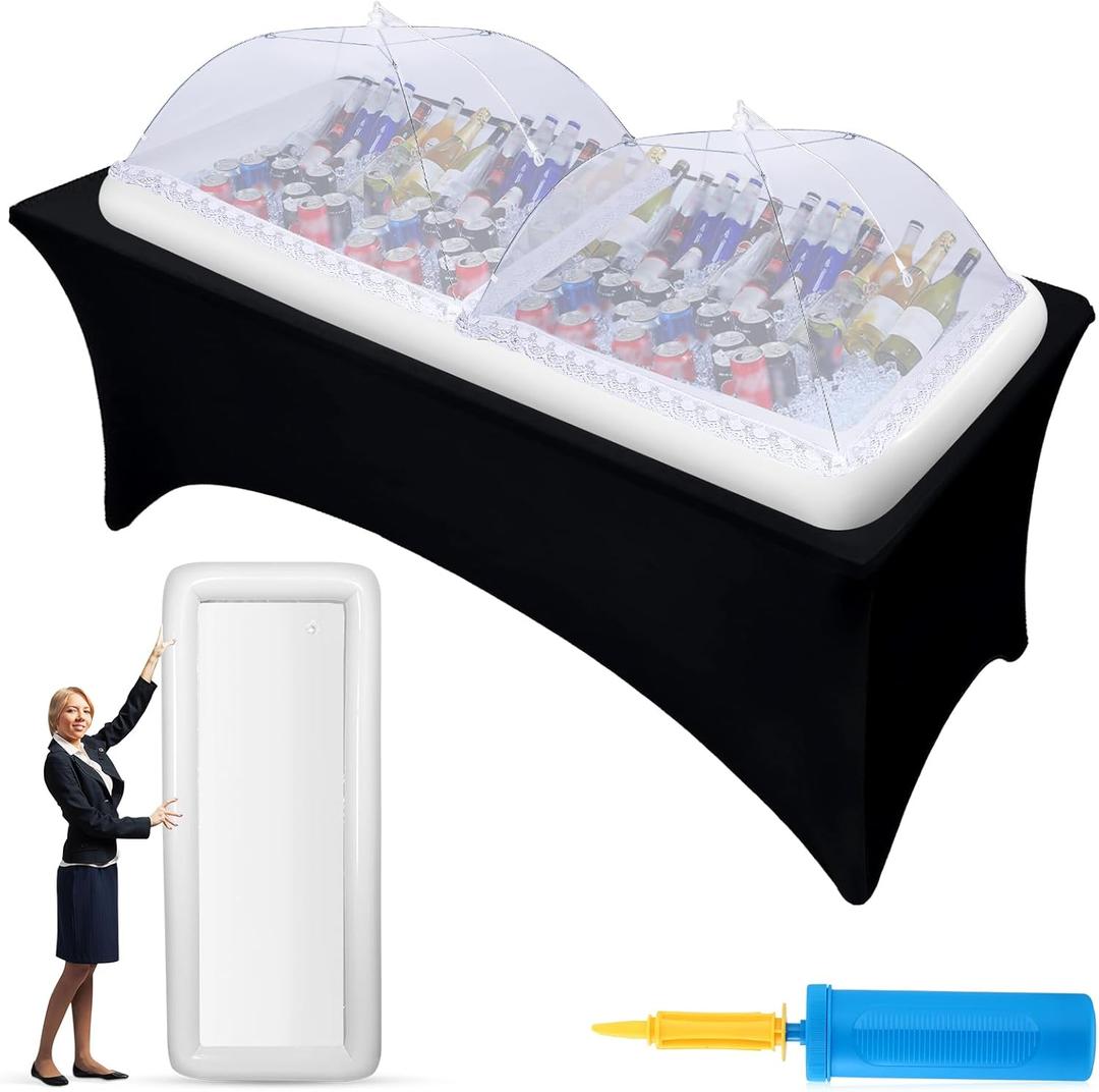 Baderke 4 Pcs Large Inflatable Serving Bar Kit Includes 72 x 30 x 5'' Inflatable Buffet Ice Tray, 2 Pcs Mesh Food Covers and Inflator, Inflatable Buffet Cooler with Drain Plug for Summer Picnic Party