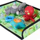 Kids Travel Tray Table Cover with Pockets Airplane Essentials for Toddlers 1-3, Portable Activity Organizer for Plane, Train, Car & Highchair, Washable Dinosaur Design (Green)