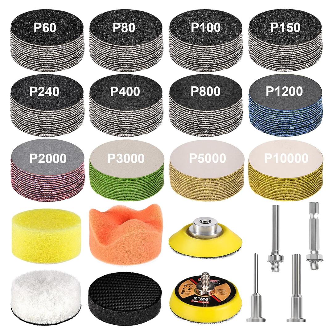 189 PCS 2 Inch Sanding Discs, GOH DODD Hook and Loop Sanding Pads 60 to 10000 Grit Wet Dry Sandpaper with 1/8" 1/4 Shank, Backing Pad, Polishing Pads and Interface Pad for Auto Metal Resin Wood