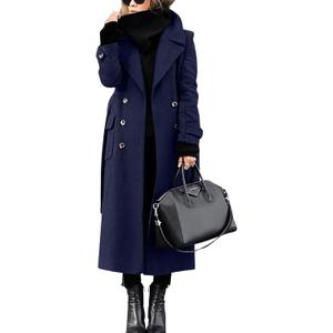 chouyatou Women's Winter Double Breasted Wool Coat Business Casual Long Winter Pea Coat with Belt (XX-Large, Navy Blue)