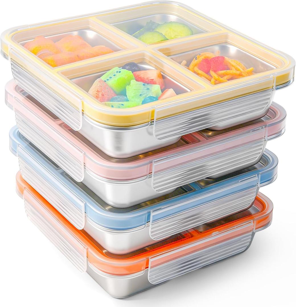 4 Pack Stainless Steel Snack Containers with Lids, 4-Compartment Leakproof Bento Snack Boxes, Reusable Dishwasher Safe Food Storage Containers for Adults, Office, Travel & Meal Prep (4pack-a)