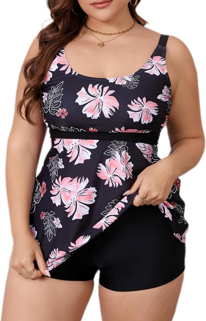 Mooncore Womens Plus Size Tankini Swimsuits Two Piece Tummy Control Bathing Suits Swim Tank Tops with Boy Shorts Swimwear (XX-Large Plus, Black Flowers)