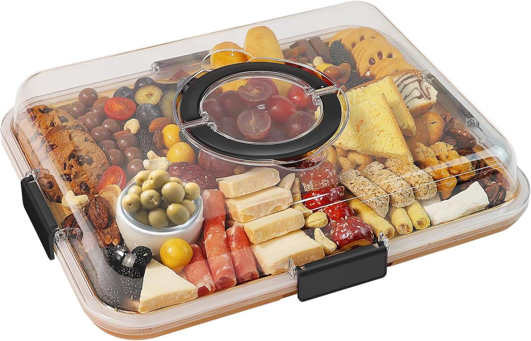 Charcuterie Board with Clear Lid, Travel Portable Cheese Board Charcuterie Boxes Cutting Boards for Kitchen, House Warming Gifts New Home, Gifts for Women (6 Compartments Black)