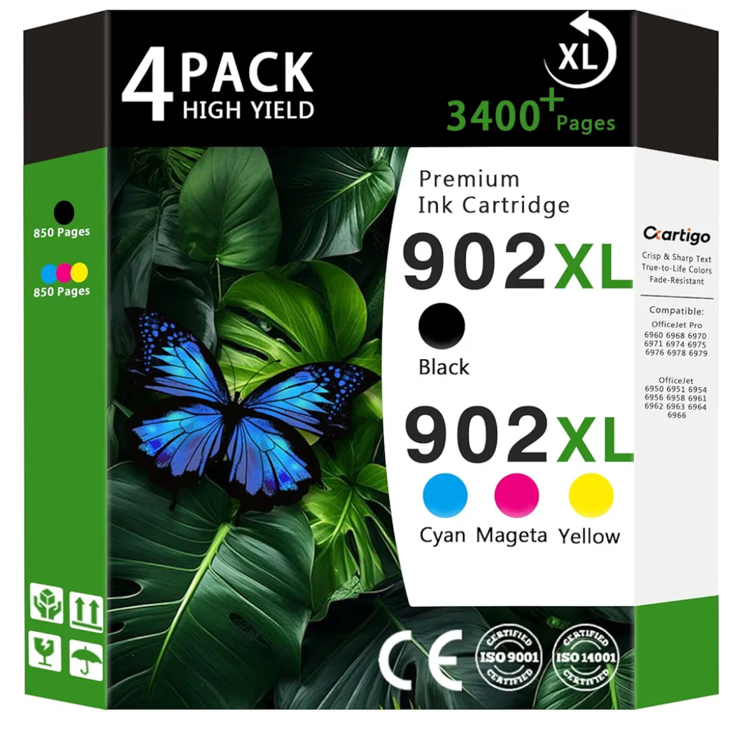 902XL High Yield Ink Cartridges Combo Pack (Black/Cyan/Magenta/Yellow 4-Pack) Compatible for HP 902XL HP902 HP902XL Replacement for Officejet Pro 6950 6951 6978 6968 6974 6975 6960 Printers
