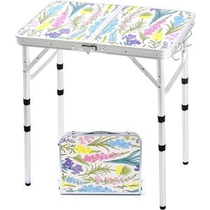 Folding Camping Table 2ft Portable Pinic Table Adjustable Height Small Card Table Aluminum Foldable Lightweight with Carry Handle for Outdoor Indoor Hiking Camp BBQ Beach (Blooming Floral)