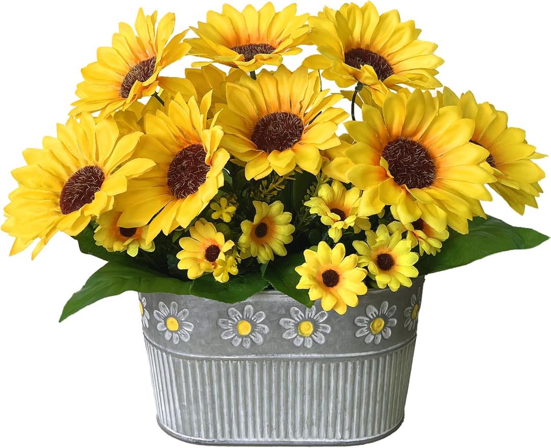 Artificial Flowers Fake Sunflowers in Pot, Faux Silk Flowers Floral Table Centerpiece Decoration, Rustic Potted Greenery for Farmhouse Home Decor, Sunflower 