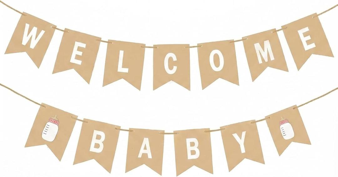 2 x Welcome Baby Banner - Baby Shower Decorations for Boy or Girl | Rustic Paper Baby Shower Banner, Gender Neutral Welcome Home Sign, Vintage Party Decor for Wall Mantle Photo Backdrop