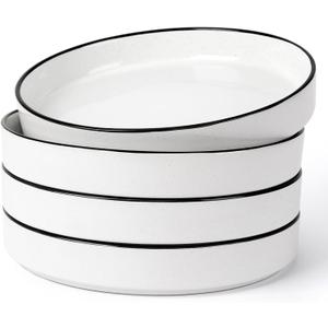 famiware Nebula Pasta Bowls for 4, 8.75-inch Salad Bowl Sets, Large Wide Bowls for Serving Dinner, White with Black Rim