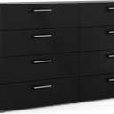 Tvilum, 8 Drawer Double Dresser, Bedroom, Modern Silver Drawer Handles, Contemporary, Black, 15.9"D x 55.1"W x 32.2"H