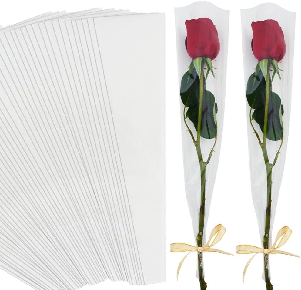 BEISHIDA 100 PCS Single Rose Sleeve Bouquet Bags Plastic Single Flower Wrapping Rose Packaging For Mother's Day Graduation Wedding Birthday Valentine's Day Party (Transparent)