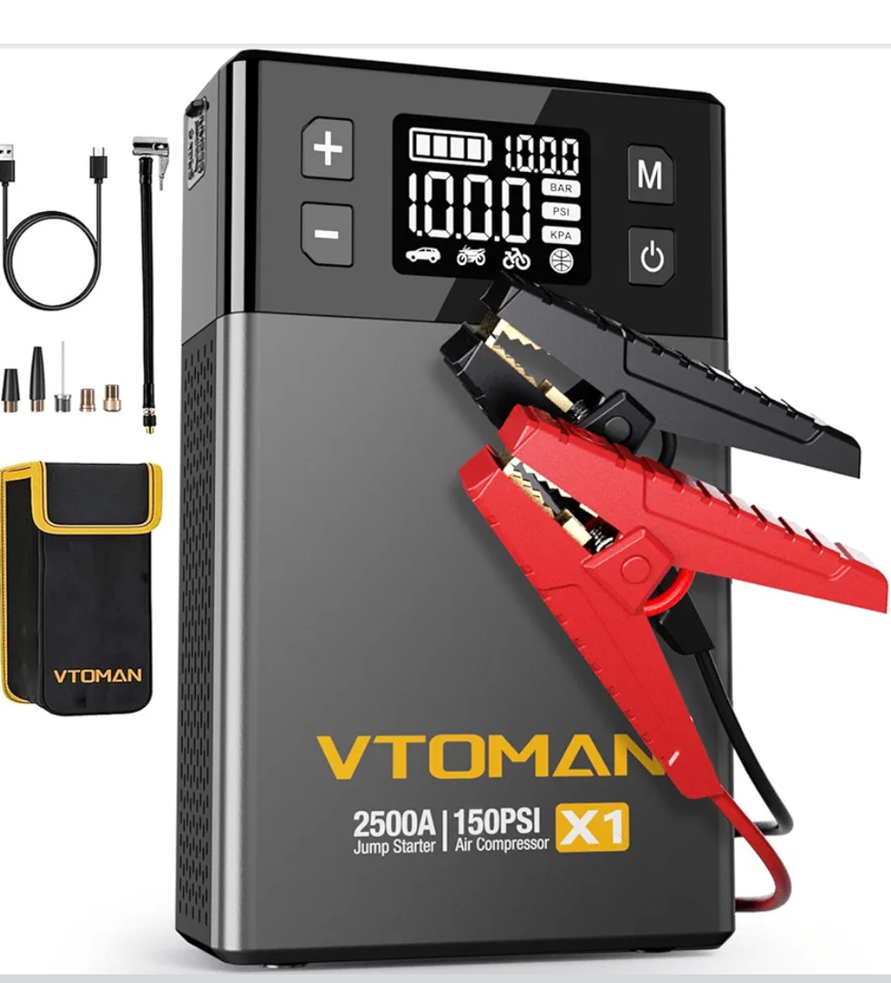 VTOMAN X1 Jump Starter with Air Compressor, Car Battery Jumper Starter (2500A, Up to 8.5L Gas/6L Diesel Engine) with 150PSI Auto Tire Inflator, 12V Portable Booster Pack, Lithium Jump Box Charger-Gray