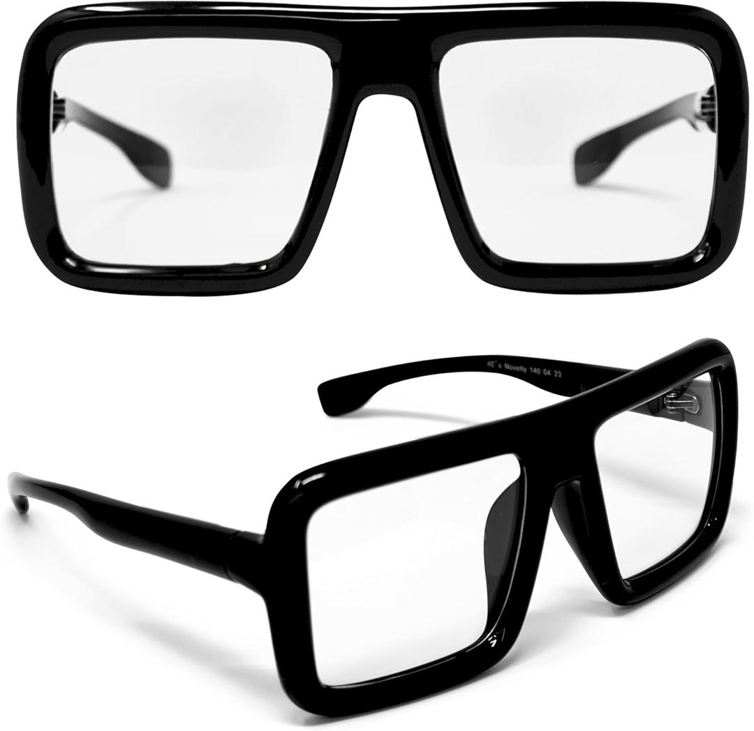 4E's Novelty Black Oversized Thick Glasses Clear Lens Non Prescription Square Frame, Fake Huge Fashion Eyeglasses for Vector Velma Costume Adults Women & Men, Halloween Nerd Costume Accessories