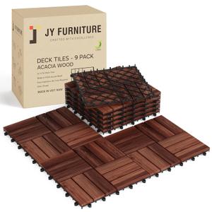 9 PCS Interlocking Deck Tiles 12" x 12"- Acacia Wood Deck Tiles for Indoor & Outdoor Use, Drainage, Non Slip, Easy Installation - Patio Flooring for Balcony, Backyard, and Garden (Brown)