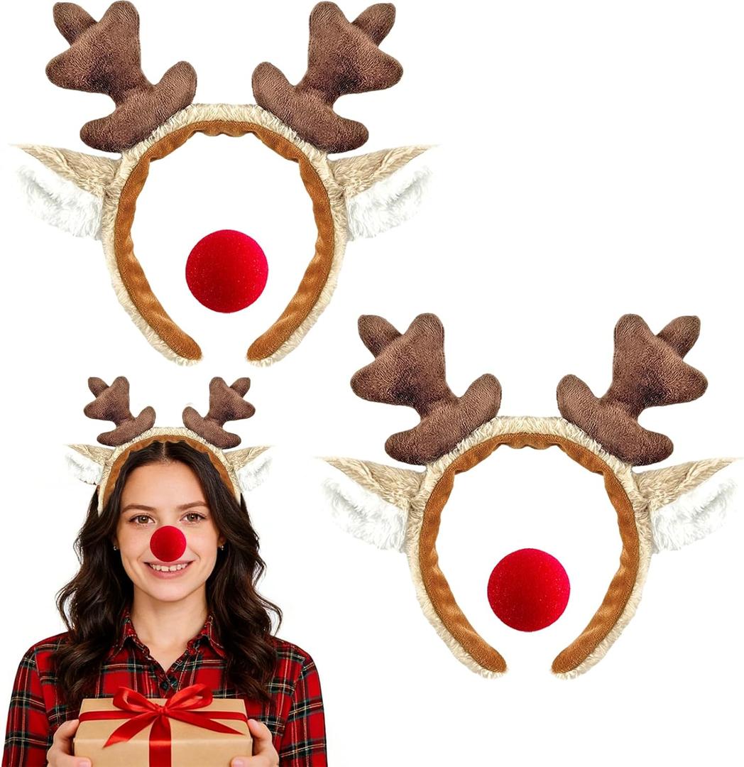 2 Pack Reindeer Antlers Headband, Deer Ears Costume with 2 Pack Red Nose Cute Fluffy Animal Hairbands (Brown)