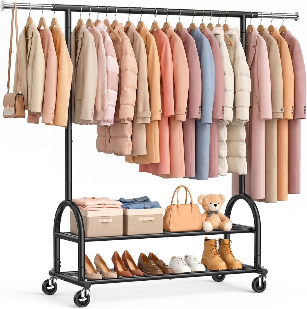 Rolling Clothes Rack Heavy Duty Clothing Racks with 2 Shelves, Black 556 LBS Load, Height Adjustable, Portable Garment Racks for Hanging Clothes, Coat Wardrobe with Wheels for Bedroom Laundry, 9.7 inch widened base of garment rack enhance stability