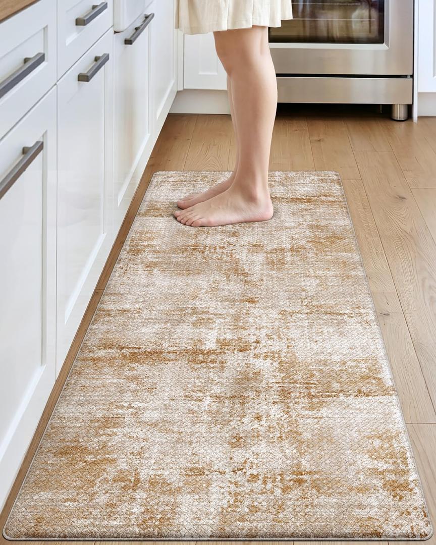 DEXI Kitchen Mats Cushioned Anti Fatigue, 23x86 Floor Padded Runner Rug Non Slip, Waterproof Standing Comfort Memory Foam for Front Sink Laundry, Light Brown