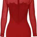 Womens Long Sleeve Bodycon Mini Dress Mock Neck Sheer Mesh Patch Night Out Party Short Dress (Red, L)