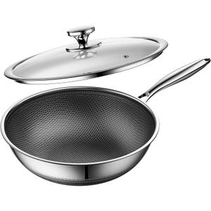Wok,Hybrid 12-Inch Wok with Lid,Nonstick Stainless Steel Woks & Stir-fry pans,Dishwasher-Friendly,PFAS PFOA PTFE Free, Oven-Safe Up to 600°F,Compatible with All Cooktops