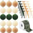 Syhood 15 Pcs 3.15" Christmas Velvet Balls Ornaments with 30 Flocked Bows 1 Vintage Ribbon Velvet Neutral Christmas Tree Decoration for Xmas Holiday Decor(Green/Khaki/White)