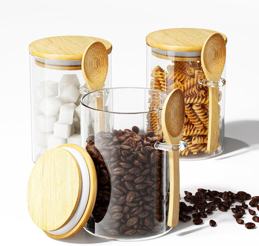 Coffee Sugar Container Salts Jars - 15oz Glass Airtight Caning with Bamboo Lids and Spoons Scoop, Storage Overnight Oats, Spice, Creamer, Food Organizer, Set of 3